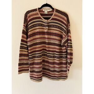 Vintage 90s EDDIE‎ BAUER Henley Sweater WOMENS L Fairisle Earth Tone Fair Isle